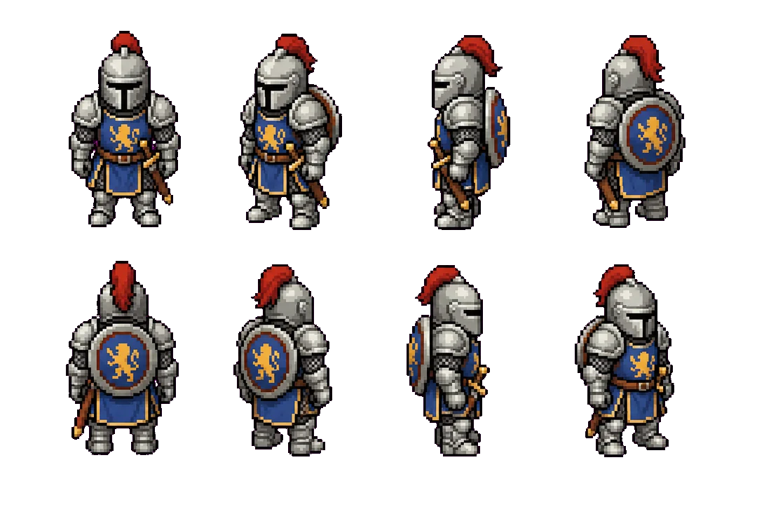 Лист персонажа Рыцарь: восемь ракурсов, щит и меч видны то с одной стороны, то с другой